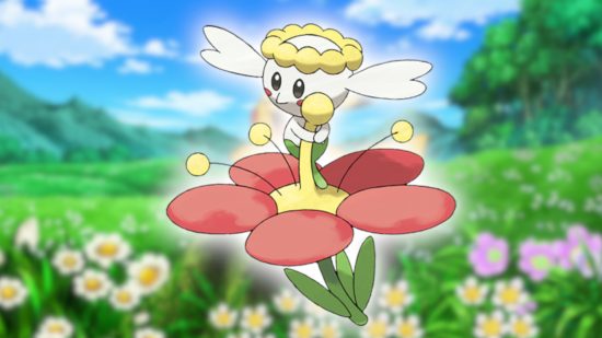 Flower Pokemon: Flabebe's Pokedex art pasted onto a screencap from the Pokemon anime featuring a field of flowers and a blue sky.