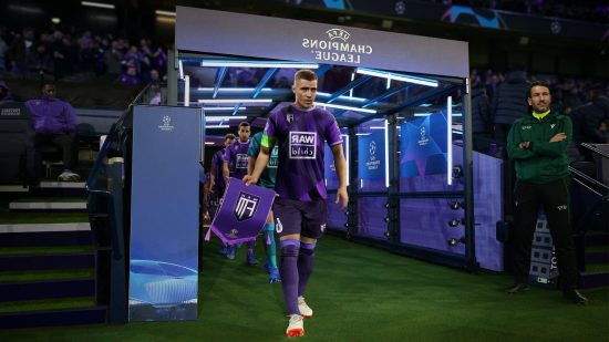 FM23 Mobile art showing a man in purple football kit holding a small flag walking out of a tunnel from between the stands on the pitch.
