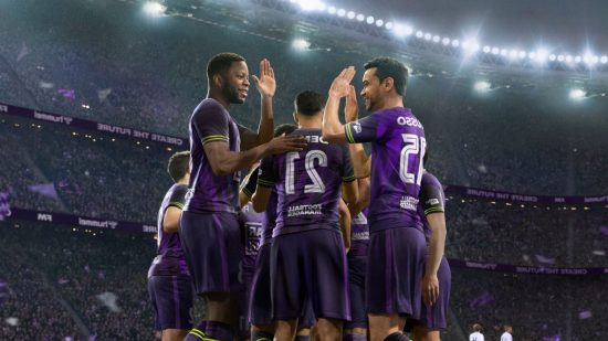 FM23 tactics: numerous football players in purple kits high fiving and celebrating in the middle of a large, well-lit stadium.