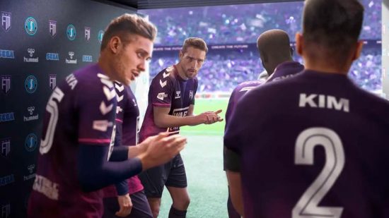 FM23 wonderkids: a bunch of footbal players encouraging each other as they walk out the tunnel onto the pitch in their purple football kits.