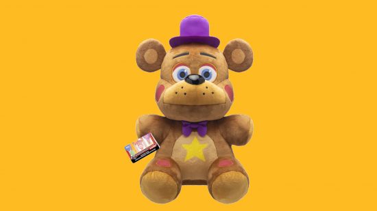 Custom image for FNAF plush guide of a Freddy plush on a yellow background
