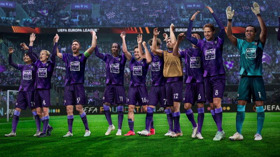 Football Manager 2023 Mobile art showing a line of men in purple football kits, arms aloft as if having just won a match and celebrating with the fans.