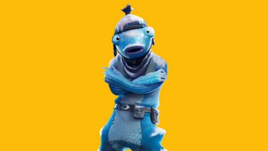 Fortnite Fishstick, an orange fish humanod with one arm raised against its head. This version is frozen, arms crossed, looking confused.