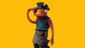 Fortnite Fishstick, an orange fish humanod with one arm raised against its head. This versionhas a pirate hat, eyepatch, and blue and brown pirate outfit.