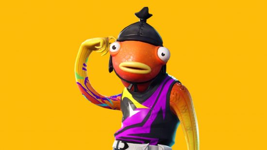 Fortnite Fishstick, an orange fish humanod with one arm raised against its head. This version has a bandana on its head, and a purple and black top.