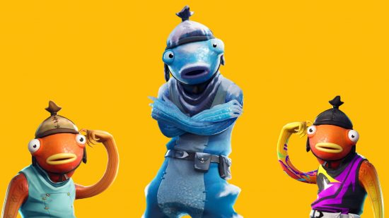 Three versions of Fortnite Fishstick, an orange fish humanoid, the two on the sides with one arm raised against its head, the one in the middle frozen with its arms crossed.