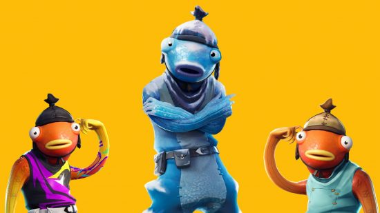 Three versions of Fortnite Fishstick, an orange fish humanoid, the two on the sides with one arm raised against its head, the one in the middle frozen with its arms crossed.