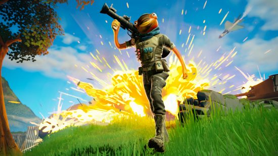 Fortnite guns - Fishtick walking away from an explosion with a rocket launcher on his shoulder