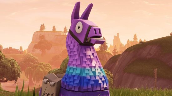 Fortnite llama staring at you as it stands in a hilly field