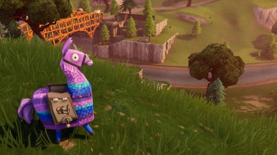 A Fortnite llama standing on a hill, looking out over the map