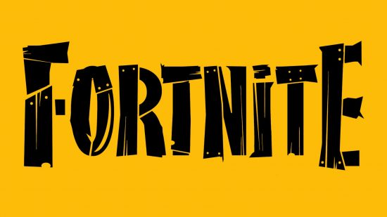 Le logo Fortnite sur fond jaune.  Il est composé de fausses planches de bois clouées ensemble, en noir.