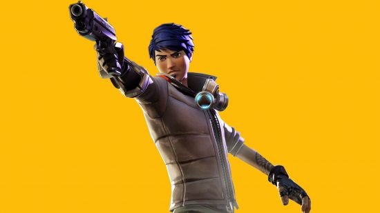 Fortnite logo -- a fortnite character against a yellow background. They have a brown puffy coat, one arm outstretched holding a large black magnum pistol, black gloves on both hands, a futuristic gas mask hanging from his neck, and scruffy black hair above his stern, murderous facial expression.