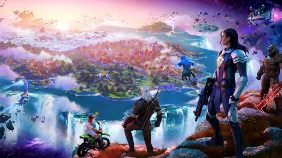 Various characters look at the Fortnite map from a cliff, with golden sun lighting the island.