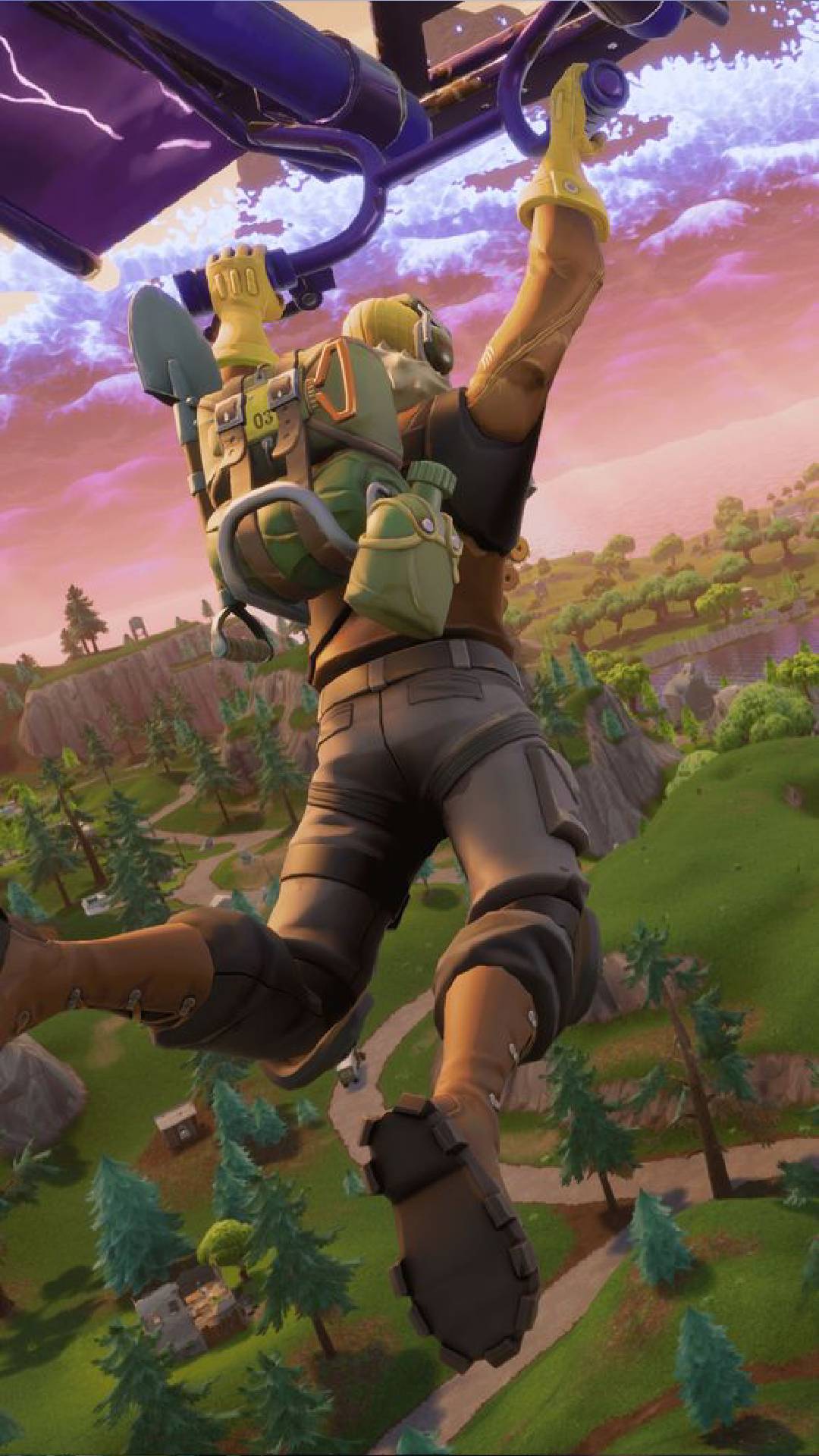 Fortnite wallpapers: a Fortnite character wearing tactical gear and a backpack floats down onto the island with a glider