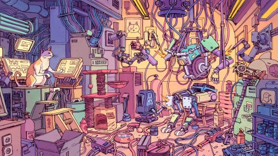 Fortnite wallpapers:an illustrated image shows a room filled with robotics, and a small cat