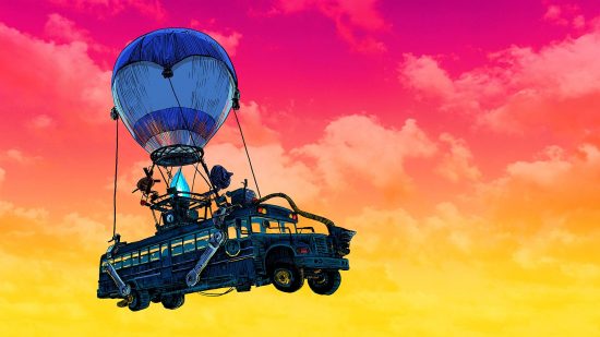 Fortnite wallpapers: a sunset scene shows the battle bus floating through the air