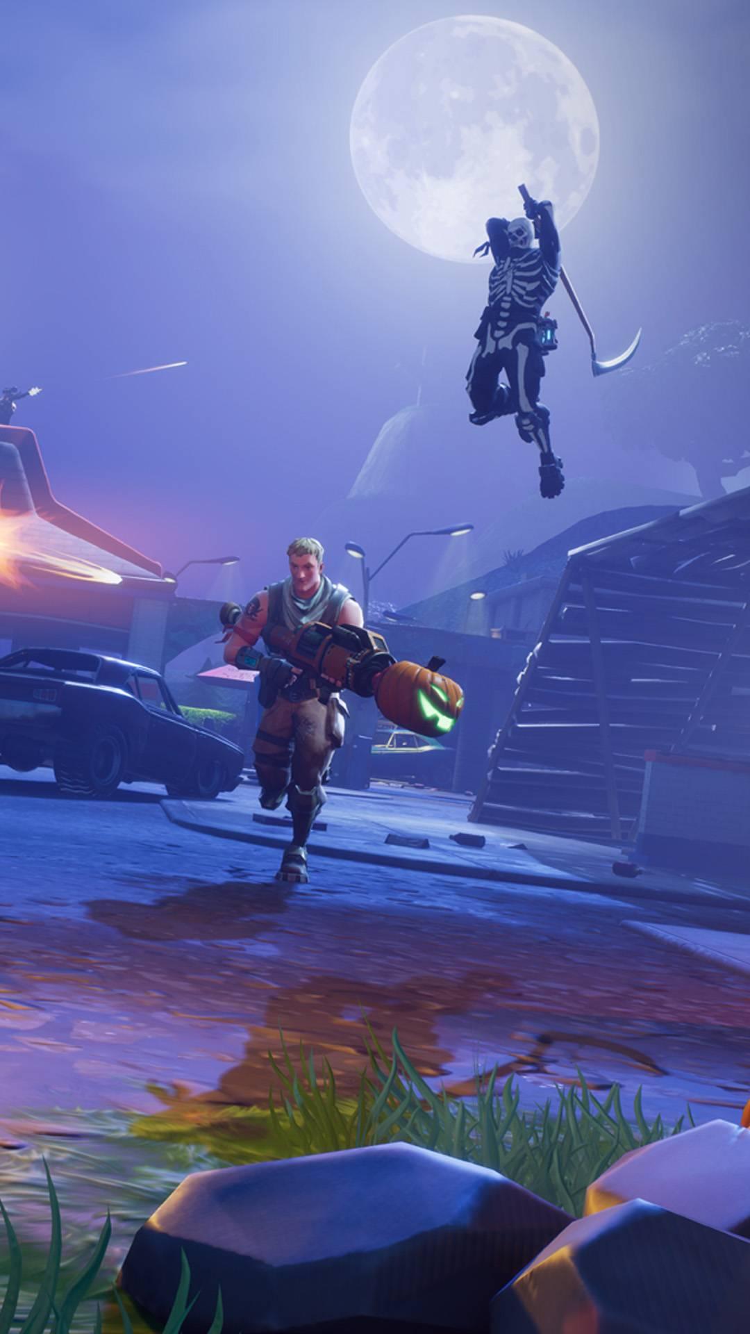 Fortnite wallpapers: Two fortnite characters run trough a dark clearing, with one brandishing a scythe on the other 