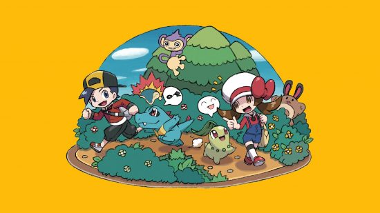 Gen 2 Pokemon: key art from Pokemon Gold and Silver shows the trainers playing outside with Pokémon, against a yellow background