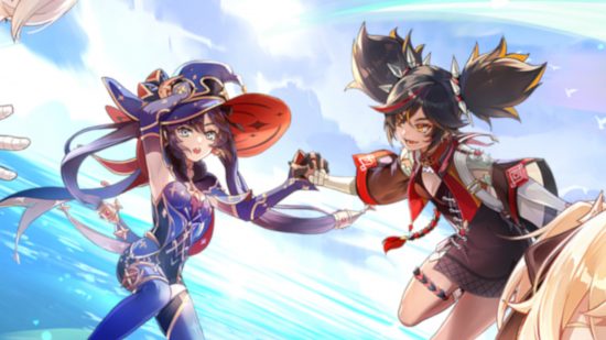 Genshin Impact Mona: Mona and Xinyan floating in the sky together, taken from official artwork for the Summer Fantasia event.