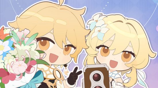 Genshin Impact Traveler: Chibi versions of the male Traveler Aether and the female Traveler Lumine, one holding a Kamera and the other holding a bouquet of flowers.