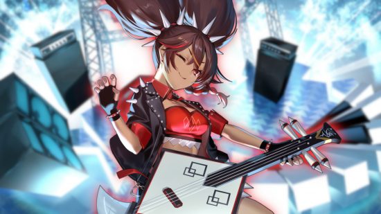 Genshin Impact Xinyan: Xinyan's official 2022 Genshin Concert key art pasted over a background from the concert. She is wearing a spiked black leather jacket and playing her guitar.