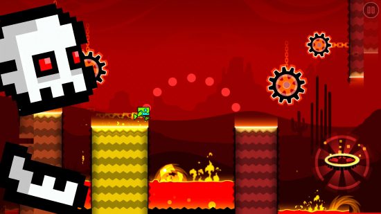 Geometry Dash SubZero: A screenshot of the level Press Start, featuring a red-toned level background and a giant skull chasing the player.