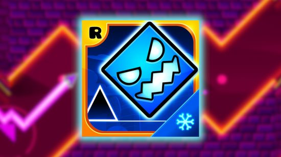 Geometry Dash SubZero: The Geometry Dash SubZero app logo featuring a blue cube with a scary face jumping over a triangle with a yellow outline, pasted on a blurred background of the level Power Trip