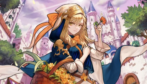 Guardian Tales codes - a blonde haired girl holds a bouquet of flowers in front of a castle