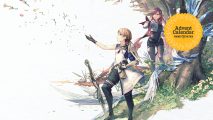 Harvestella giveaway: key art for the game Harvestella shows two fantasy characters stood next to a tree