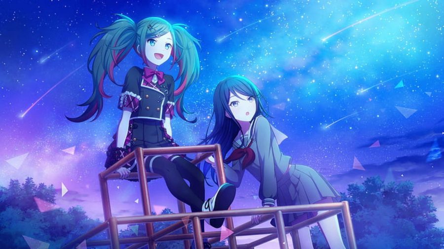 Project Sekai promo image featuring Hatsune Miku and Ichica looking at a meteor shower whilst sat on top of a jungle gym.