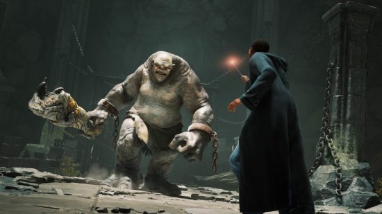 A student fighting against a Hogwarts Legacy beast in a dungeon