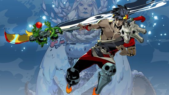 Holiday Games: art from Hades showing the main character, half-chest exposed, slicing around with skulls on his knees and looking pretty cool, with a large figure of a blonde woman faded into the background.