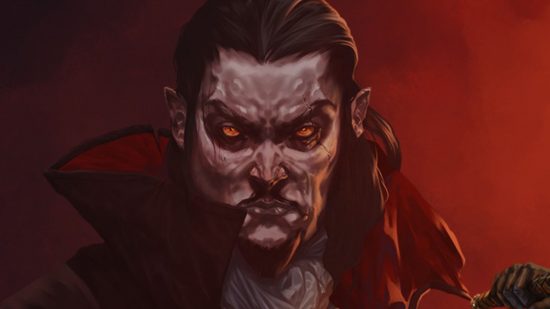 Holiday game: a large vampire with red eyes in art for vampire survivors.  It's just their big old head staring straight ahead with long black hair trailing and a raised collar.  Really scary.