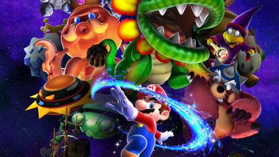 Holiday Games: art for Super Mario Galaxy showing the red and blue plumber from large creatures from the series, as a Pirhana plant.