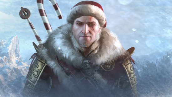 Holiday games: a grey haired man with a fluffy collared coat on and a Christmas hat, alongside a candy cane strapped to his back like a sword. Nope, not Santa Claus, it's Geralt, the main character from The Witcher 3!
