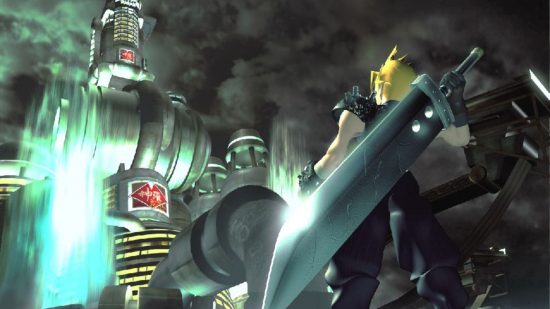 Holiday game: the blonde hair and big buster sword of Cloud from FFVII in the foreground, staring up at the mako reactor in the distance.  It's a giant, cyberpunk power station thing, all lit up in blue.