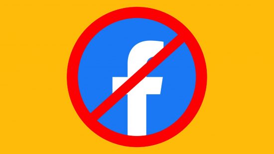 How to delete facebook account: the facebook logo appears with a large red cross through it, against a yellow background