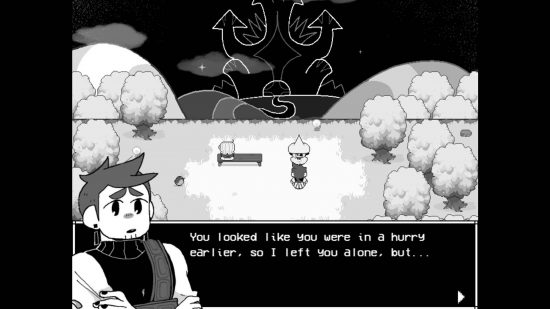 In Stars and Time interview: ap pixelated monochrome scene shows several characters setting out on an RPG adevnture