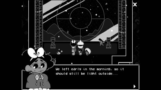 In Stars and Time interview: ap pixelated monochrome scene shows several characters setting out on an RPG adevnture