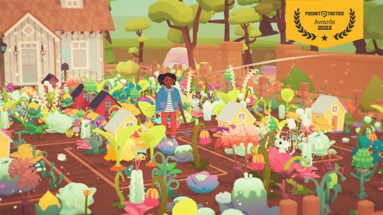 Indie games - a screenshot of Ooblets showing the player character stood in a field full of crops with the Pocket Tactics Awards 2022 flag over it