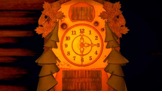 Inscryption clock - a wooden cuckoo clock with trees on the side