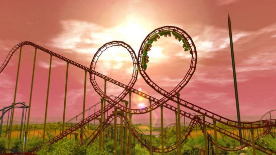 Screenshot of a double loop from RollerCoaster Tycoon 3 for legacy of Rollercoaster Tycoon feature