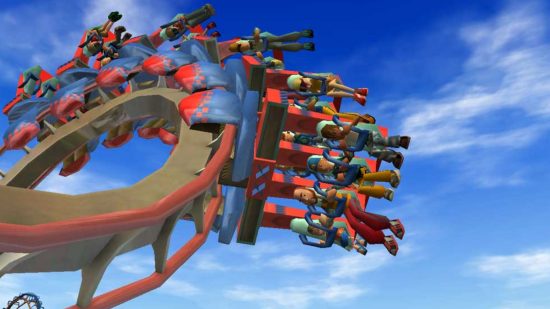 Screenshot of a corkscrew part of a ride from RollerCoaster Tycoon 3 