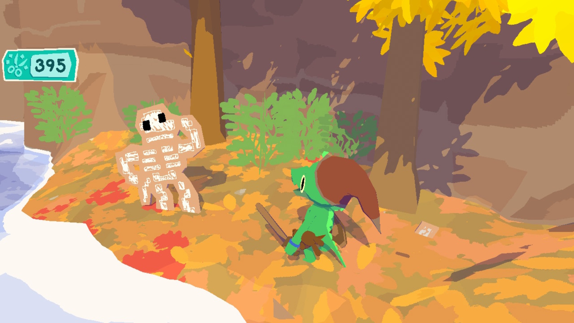 Lil Gator Game review image showing Little Gator about to fight a cardboard skeleton.