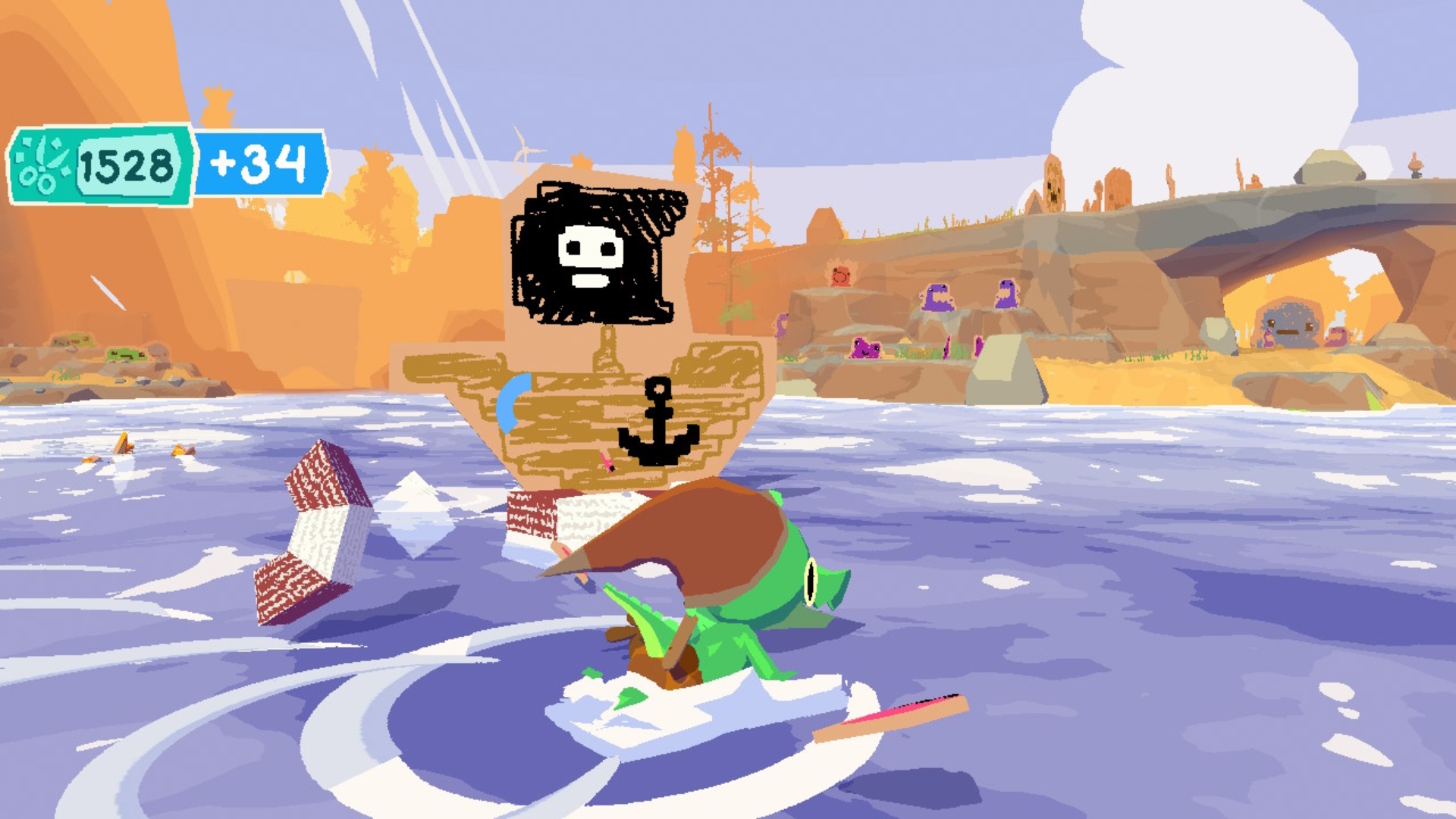 Lil Gator Game review image showing Lil Gator coming up against a cardboard pirate ship in the water.