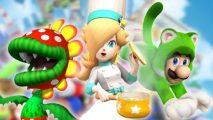 Mario Kart Tour best drivers: From left to right, Petey Piranha, Chef Rosalina, and Cat Luigi with white outlines, pasted on a blurred background of the MKT key art