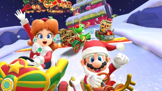Screenshot for the Mario Kart Tour Holiday update with Mario dressed as Santa and Daisy alongside him