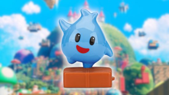 Mario Movie McDonald's toys: A picture of the Luma/Lumalee toy, a blue chubby star character with a smiley face, pasted on a blurred background of the Mario movie poster.