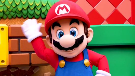 Screenshot of Mario waving from the Universal Studios Hollywood Mario Super Nintendo World trailer