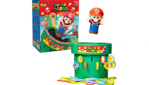 Mario toys and gifts: a version of pop-up pirate starring Mario is shown, with Mario launchin out of a green pipe